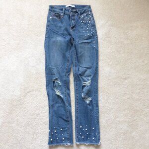 LE CHATEAU medium wash high waist distressed jeans with pearl beads